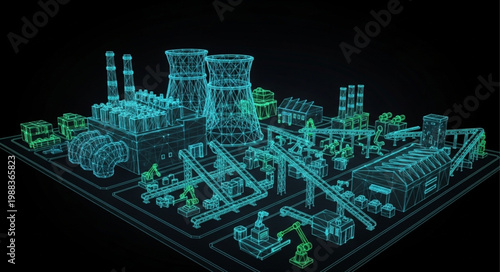 Futuristic Industrial Cityscape with Glowing Blue and Green Structures.