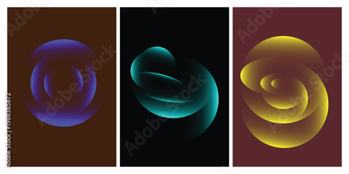 Abstract triptych glowing orbs in gradient colors blue teal and gold