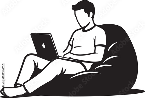 Man sitting on bean bag chair using laptop relaxed