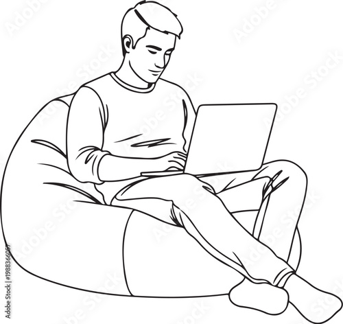 Man sitting on bean bag chair using laptop relaxed