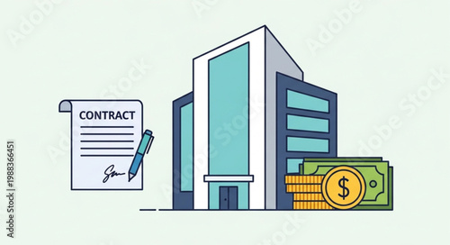Modern Office Building with Financial Contract and Money.