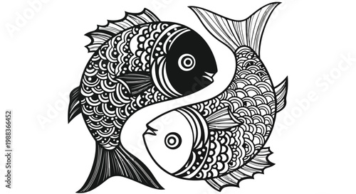 Zodiac Pisces symbol with ornate fish, black and white yin yang koi fish illustration, decorative hand drawn aquatic animal vector for astrology