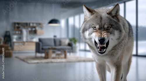 Wolf stands aggressively in modern living room setting ready to defend its territory