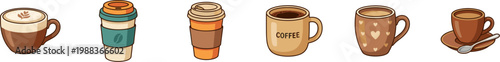 coffee cup icons set, cappuccino espresso latte mugs and takeaway cups beverage cafe drink vector illustration isolated on transparent background