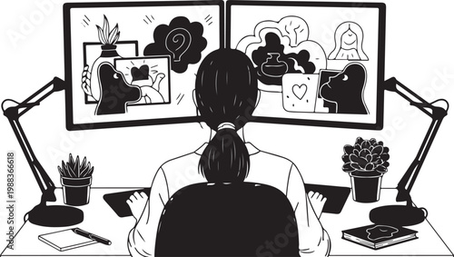 Woman sitting at desk with two computer monitors and calls