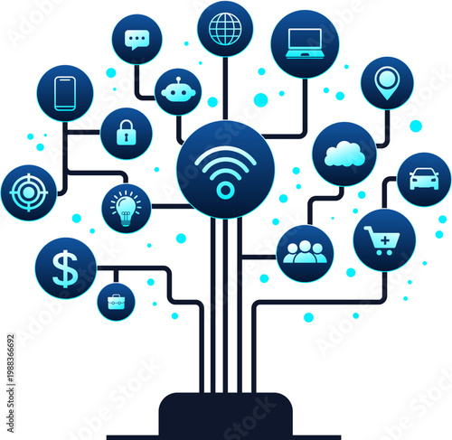Futuristic Technology Tree with Global Network Connection and Smart Digital Ecosystem. Global Digital Network Tree on Transparent Background