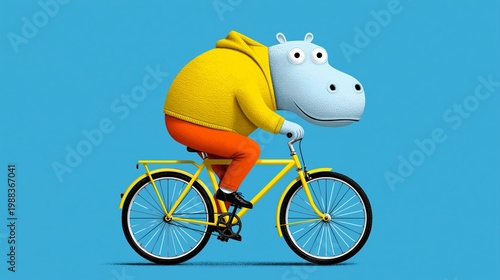 Funny hippo rides yellow bike. Bright yellow hoodie adds playful charm. Simple blue background draws attention. Pedaling with cheerful, determined energy. Perfect for fun, whimsical