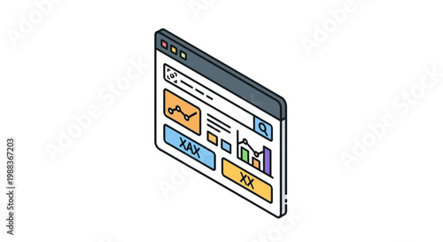 Isometric illustration of a data analysis dashboard on a web browser interface