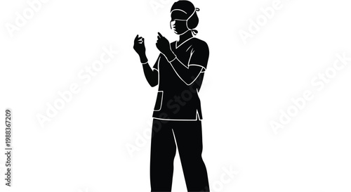 Black silhouette of a person wearing virtual reality headset and holding controllers standing in front of white background for technology concept