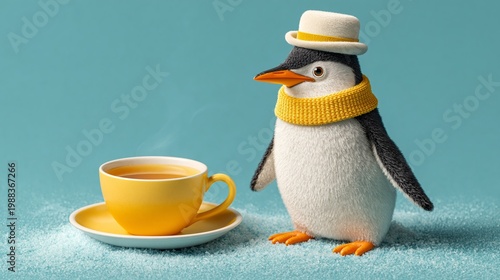 Cute penguin stands beside a steaming tea cup. Yellow scarf and hat complete its stylish look. Bright background highlights playful, cozy atmosphere. Perfect for whimsical, winter