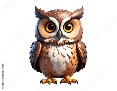 Cartoon owl with large golden eyes and detailed feather texture in warm brown tones