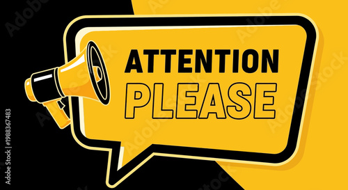 Graphic illustration of an announcement message and attention request for public awareness
