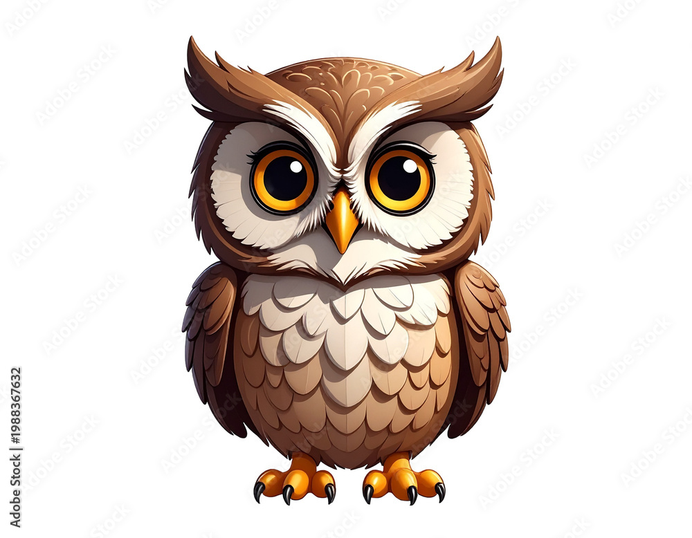 Fototapeta premium Cartoon owl with large orange eyes and detailed brown feathered plumage perched stance