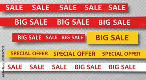 Promotional banners displaying sale offers, special deals, and discounted prices for various