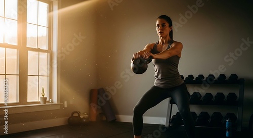 A woman in a home gym lifting a kettlebell, sun streaming through window, expression of concentration, hyperrealistic, fitness motivation, 4k