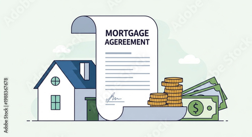 Mortgage Agreement Document with House and Money.