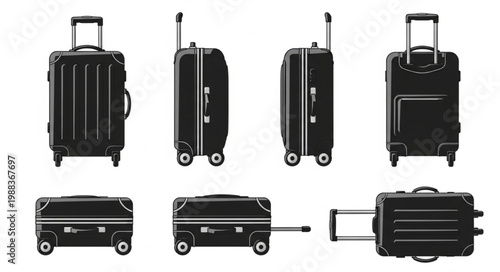 Collection of black suitcases on white background.
