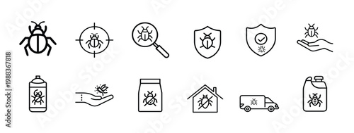 Pest control inspection magnifying glass protection shield insecticide spray can service truck chemical bait bag container & more vector illustration with editable stroke.