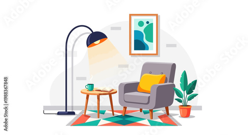 Cozy living room illustration with armchair, lamp, art, and reading corner ambiance
