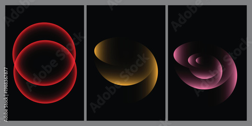 Abstract triptych glowing orbs and fluid shapes in dark background
