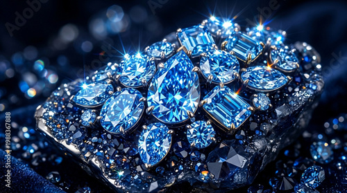 Faset kristal berlian biru yang menakjubkan bersinar terang.
