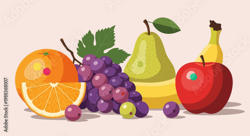 Illustration of various fresh fruits including orange, grapes, pear, apple and banana