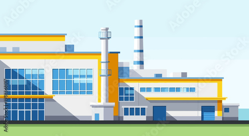 Industrial factory building with chimneys, windows and doors, vector illustration design