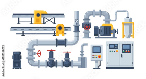 Industrial equipment illustration depicting a factory infrastructure, pipeline components