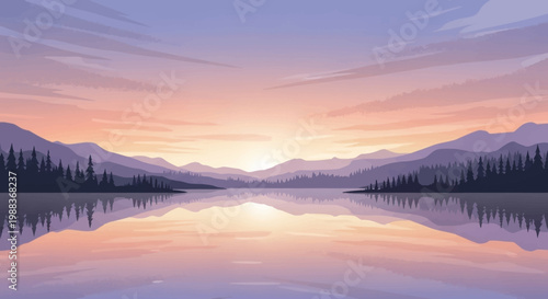 Serene landscape art depicting a tranquil lake surrounded by mountains and a sunset sky
