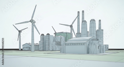 Wind turbines and industrial factory buildings illustration.