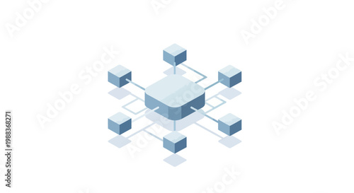 Isometric illustration of a digital network with interconnected nodes and data transfer
