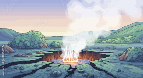 Stylized illustration of a volcanic geyser erupting in a landscape with hills and steam
