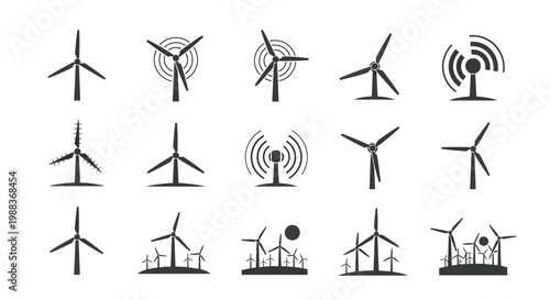Set of Various Silhouettes of Wind Turbines Depicting Renewable Energy Sources