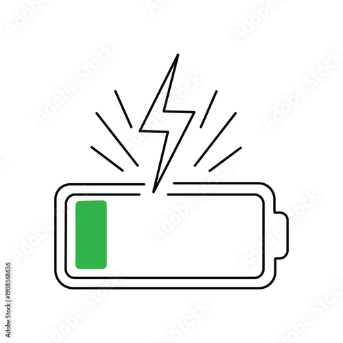 Graphic battery charge icon with low power level and lightning strike symbol for energy management concept