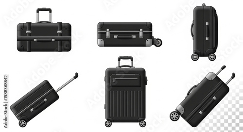 Collection of black suitcases and luggage on white background.