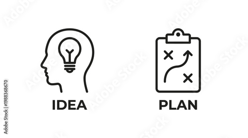 Business strategy concept with idea and plan icons, black line style, for marketing and planning use cases