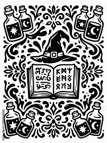 Ancient Spellbook with Runes Witch Hat and Potion Bottles