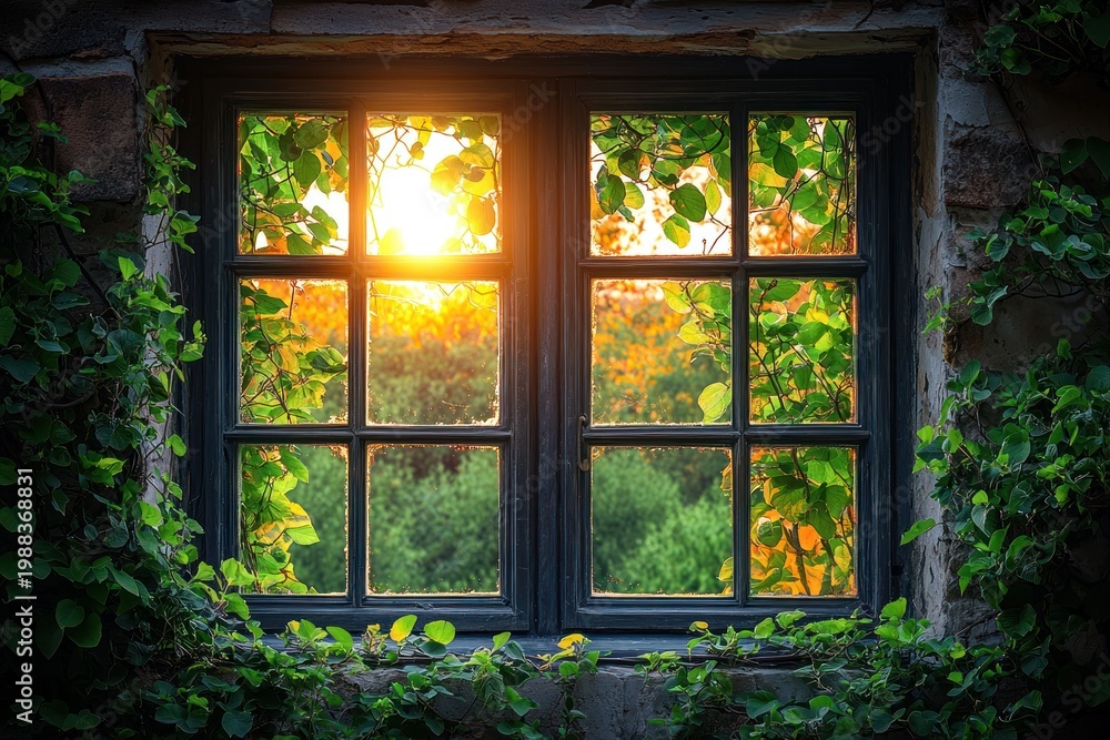 Obraz premium Sunlight streams through a rustic window framed by vibrant foliage, revealing a verdant landscape