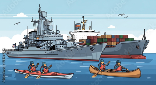 Naval Destroyer and Cargo Ship with Kayakers in the Ocean.