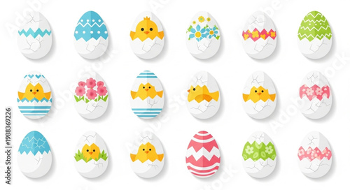 Cute Easter Chicks Hatching From Decorated Eggs Collection.