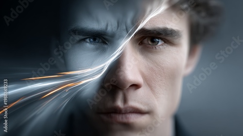 Person with a split face showing contrasting emotions and expressions in a digital art style