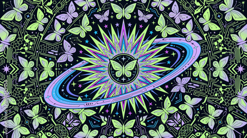 Artistic butterflies with cosmic center in symmetrical design. Suitable for graphic design projects, naturethemed products, and decorative prints.