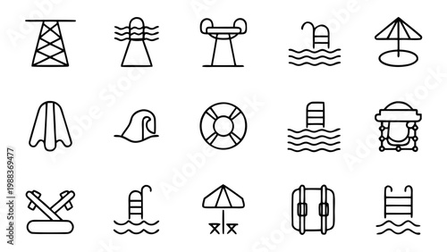 An expansive set of forty-five outline icons representing various food concessions and retail services available at an amusement water park.