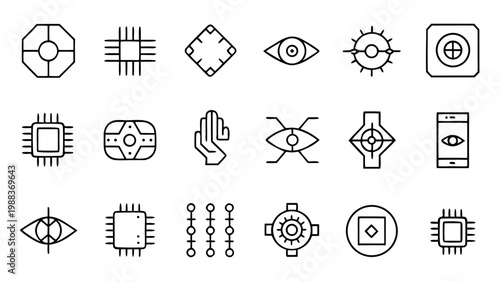 An advanced group of forty-five outline icons depicting genetic monitoring and neuro-interfacing technologies in the biohacking industry.