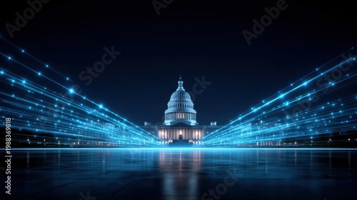 Nighttime Wide Angle Shot of a Modernized Capitol Building with Dynamic Blue Light Trails Representing Digital Connectivity at Twilight