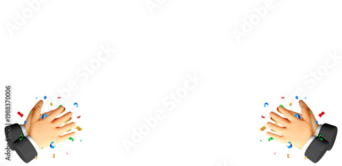 3D render of clapping hands with colorful confetti on white background. Congratulations and celebration. Business success, achievement, appreciation, festive event, joy, greeting. Vector illustration