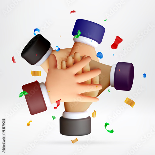 3D Group of hands stacked together in a circle with colorful confetti. Business team collaboration and unity concept. Corporate partnership and social cooperation. Vector illustration