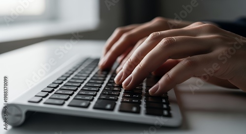 Blogger Hands Typing on Keyboard for Social Media Management and Online Community Engagement in Minimalist Home Office