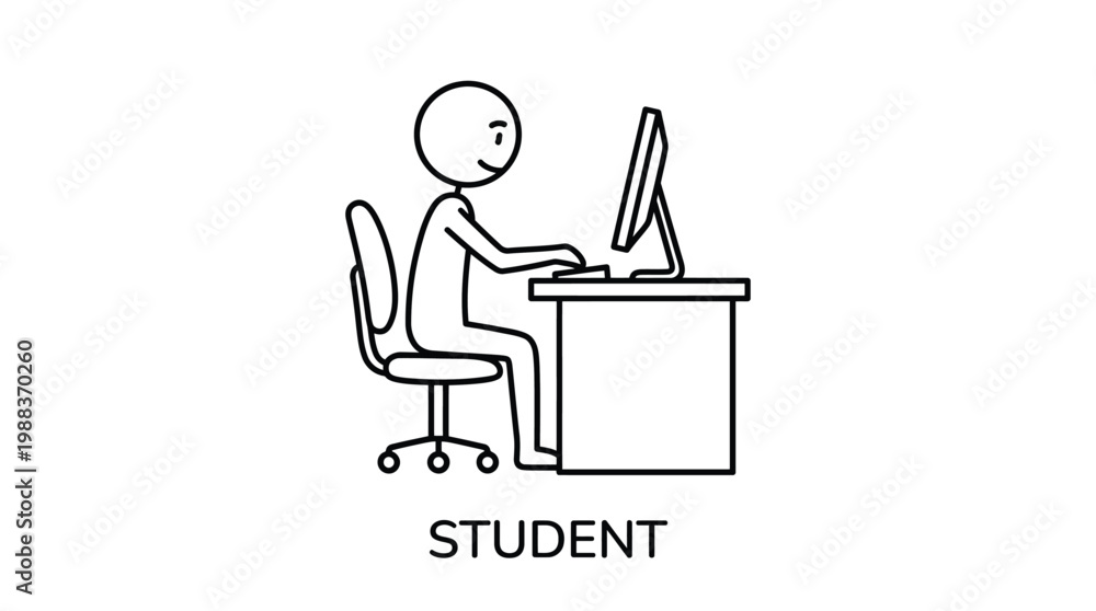 Naklejka premium Student sitting at desk with computer, line art style, education icon, black and white