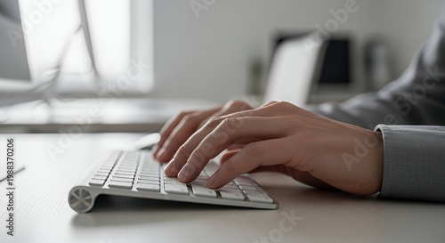 Minimalist Workspace with Hands Typing on Aluminum Keyboard on White Desk for Modern Remote Work and Digital Lifestyle